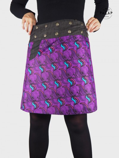 jupe femme en coton imprimé abstrait violet grande taille unique ajustable avec poche, jupe portefeuille reversible