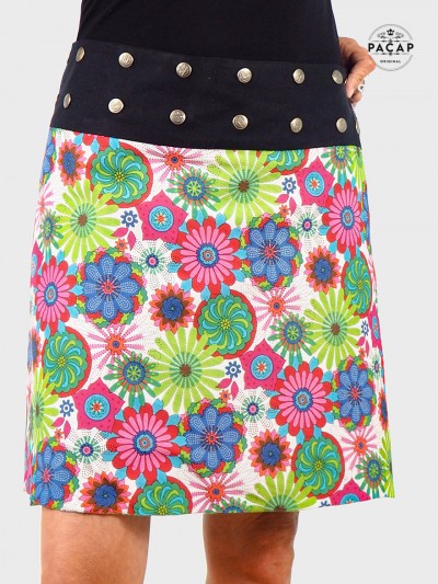 jupe originale motif floral multicolore taille cintrée pres du corps, jupe reversible blanche imprimé