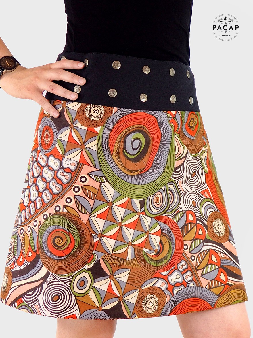 jupe wax marron coupe évasée ethnique tribal style portefeuille reversible taille haute pour femme