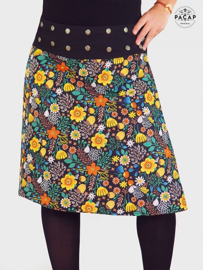 jupe coton noir imprimé à fleurs colorée pour femme taille reglable bouton pression fendu