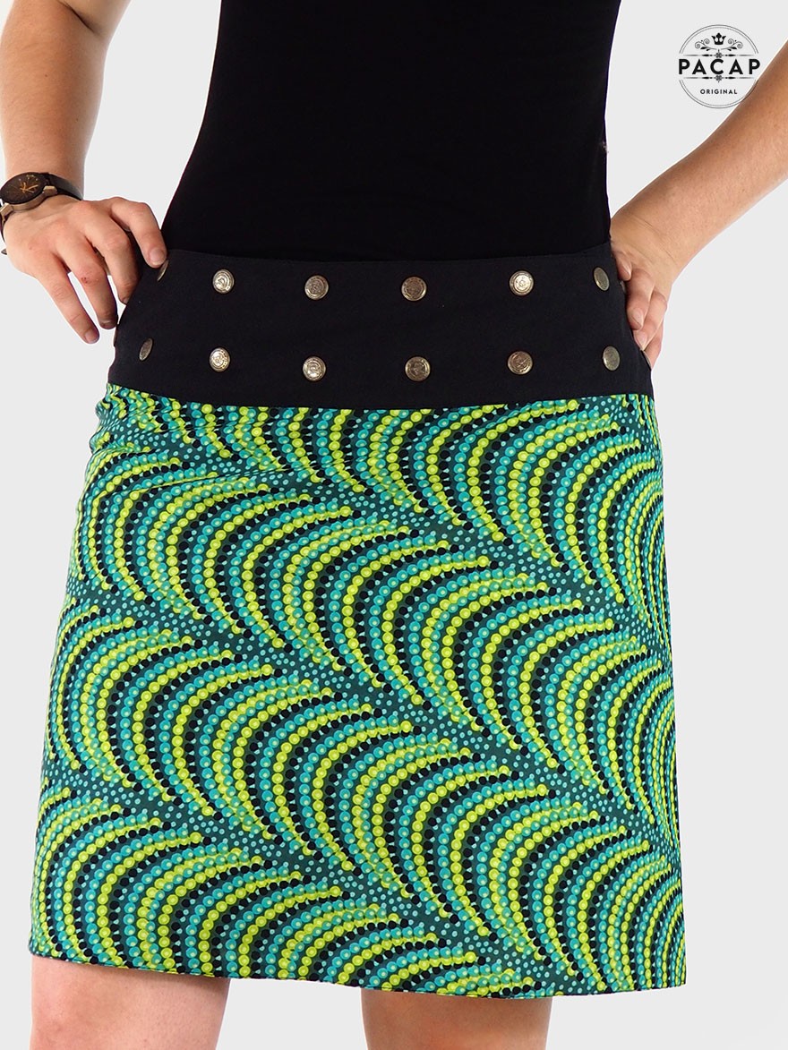 jupe femme verte à motif en coton imprimé petits pois petit points jupe originale fantaisie portefeuille reversible marque
