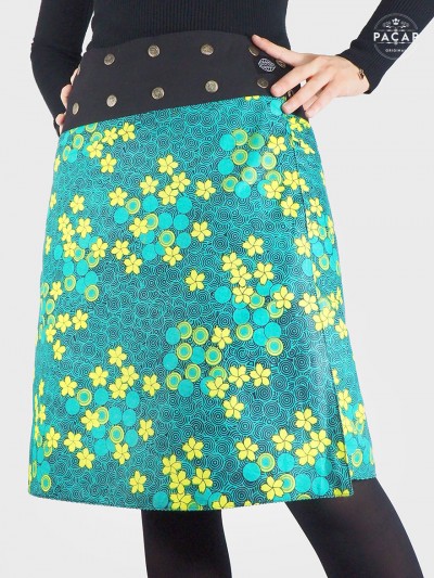 jupe longue trapèze pour femme en coton imprimée, jupe été, jupe genoux, jupe verte, jupe a fleurs