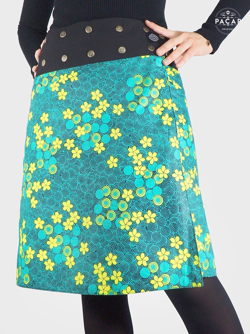 jupe longue trapèze pour femme en coton imprimée, jupe été, jupe genoux, jupe verte, jupe a fleurs