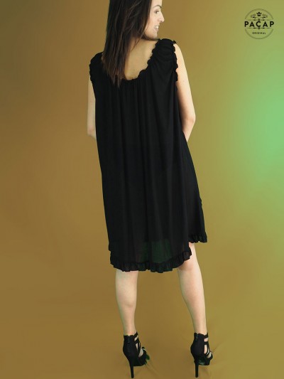 robe mousseline noire monochrome, robe finition volant, robe tunique transparente, robe de chambre, robe crepe