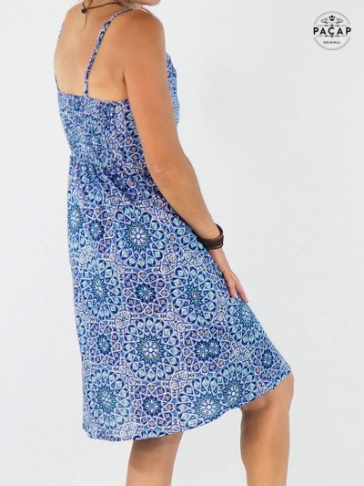 robe bleue motif géometrique taille unique pour femme en viscose, robe genoux robe bleue