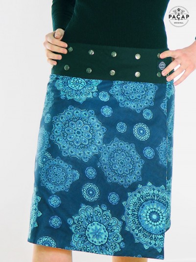 jupe longue bleue imprimée ethnique mandala jupe genoux, jupe boutonnée, jupe wrap