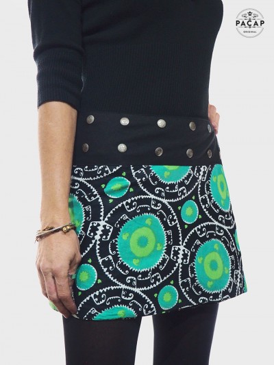 mini jupe noire ethnique pour femme portefeuille reversible imprimé mandala celtique vert