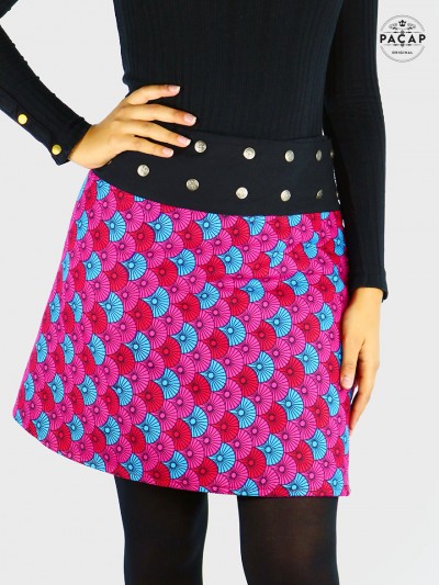 jupe genoux portefeuille imprimé japonais bleu rouge et rose, coton wrap, bouton pression