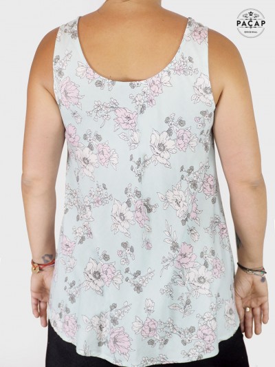 t-shirt femme en viscose sans manche, haut imprimé a fleurs blanche, vetement été femme, debardeur taille unique