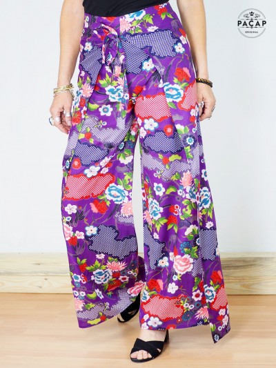 jupe culotte violette a fleurs, palazzo, pantalon wrap, taille a nouer, pantalons femme ceinture a attacher, pantalon ample