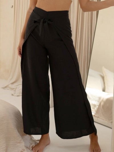 pantalon portefeuille noir, pantalon ouvert noir, pantalon femme noir, pantalon wrap, pantalon thai noir, palazzo