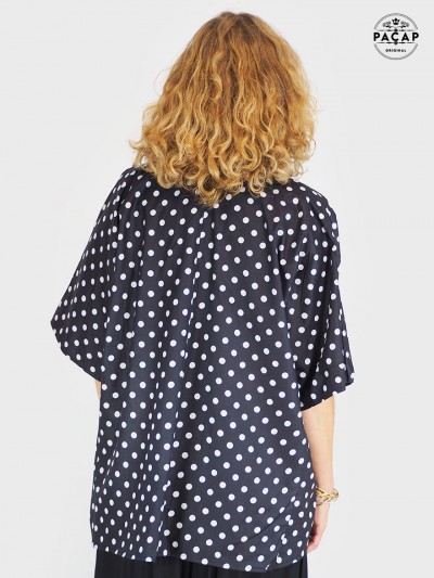 veste noire a pois en coton pour femme, cardigan noir, kimono noir, haut manche courte