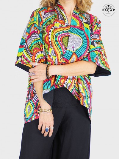 veste africain asymetrique, manche courte, en coton, blouse ample sans bouton, veste reversible