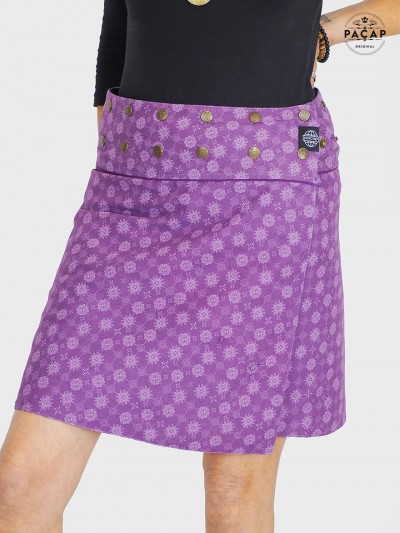 jupe violet coton imprimé block print femme taille reglable coupe fendue portefeuille boutonnée