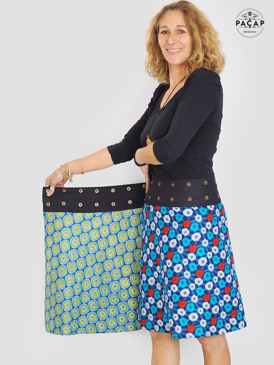 jupe femme reversible, jupe wrap, enveloppante, jupe a enrouler, jupe 2 en 1 recto verso, jupe à motif et logo