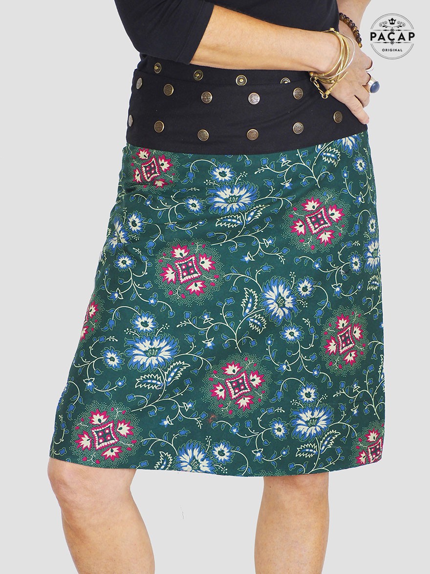 jupe vert foncé, jupe florale, jupe femme, jupe été, jupe droite, jupe taille haute, jupe taille basse, jupe genoux caché