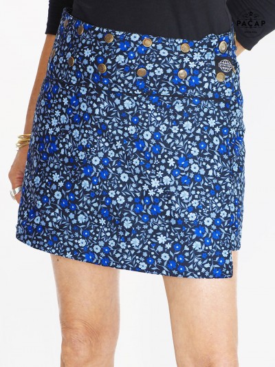 jupe courte droite coton imprimé petite fleurs liberty portefeuille boutonnée devant marque francaise
