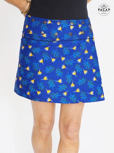 jupe courte fantaisie, mini jupe coton patineuse colorée, jupe bleue femme, jupe imprimée décontractée à bouton