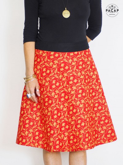 jupe rouge a fleurs, jupe évasée, jupe taille fine, jupe femme, jupe coton, jupe réversible, portefeuille, coton