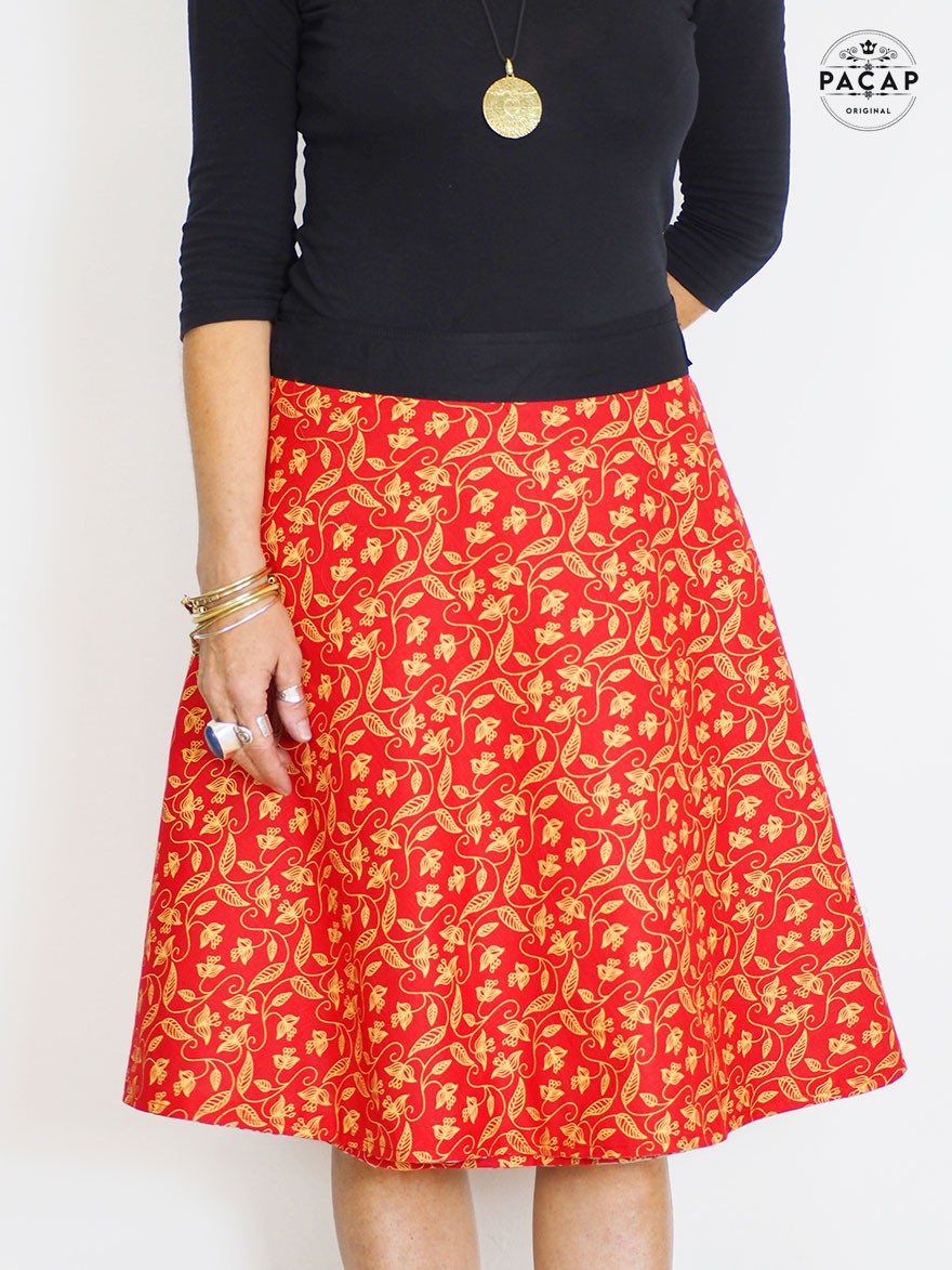 jupe rouge a fleurs, jupe évasée, jupe taille fine, jupe femme, jupe coton, jupe réversible, portefeuille, coton