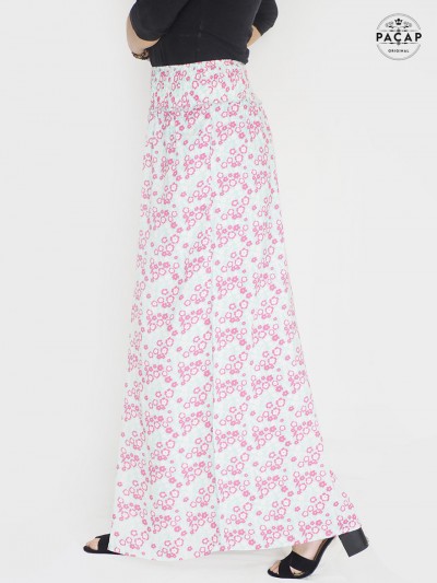palazzo rose, jupe culotte liberty ceinture elastique, taille froncé, jambe large, pantalon été rose à fleurs