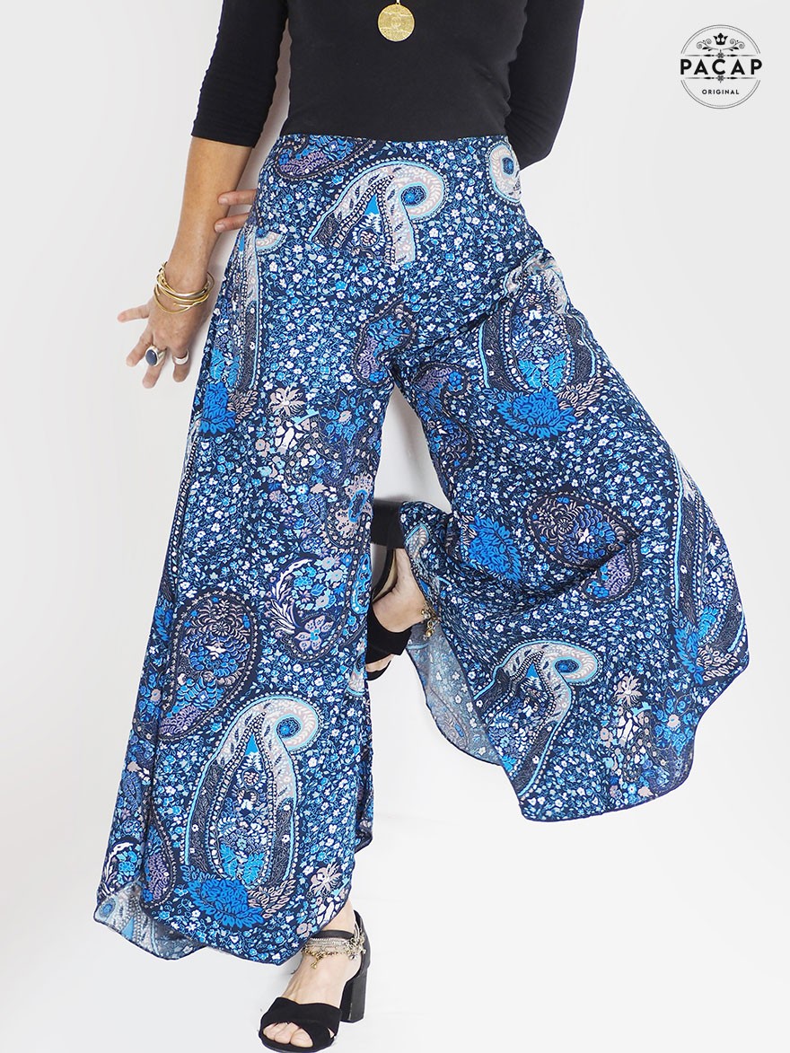 pantalon yoga, paisley, cachemire, pantalon ethnique, viscose, rayonne, pantalon bleu, fendu