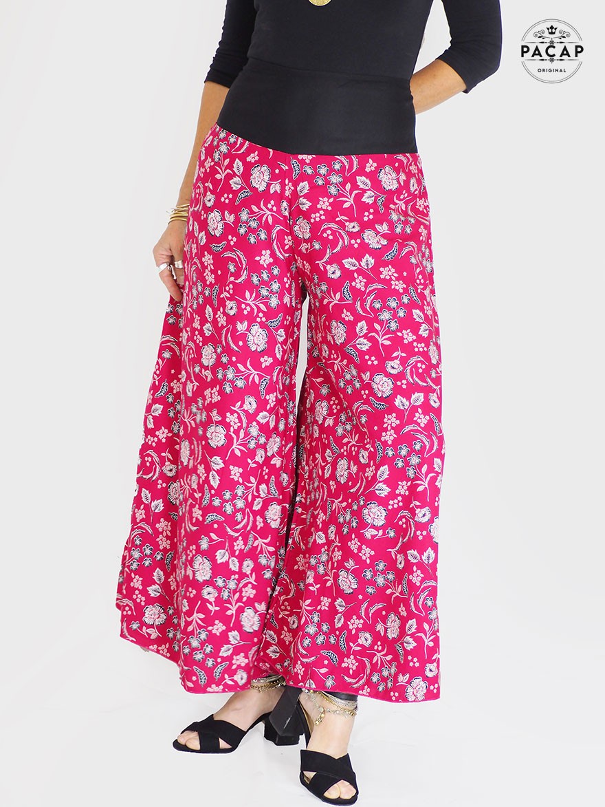 pantalon femme, pantalon rouge à fleurs, palazzo boheme, pantalon large, décontractée souple