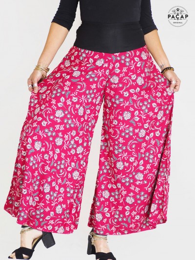 pantalon rouge fleurs rose, pantalon été elastique, jupe culotte, pantalon droit, plissée, ceinture noire