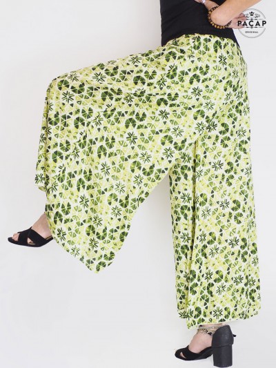 palazzo hippie, pantalon fluide, pantalon décontracté motif, pantalon ethnique vert, confortable, été, festival