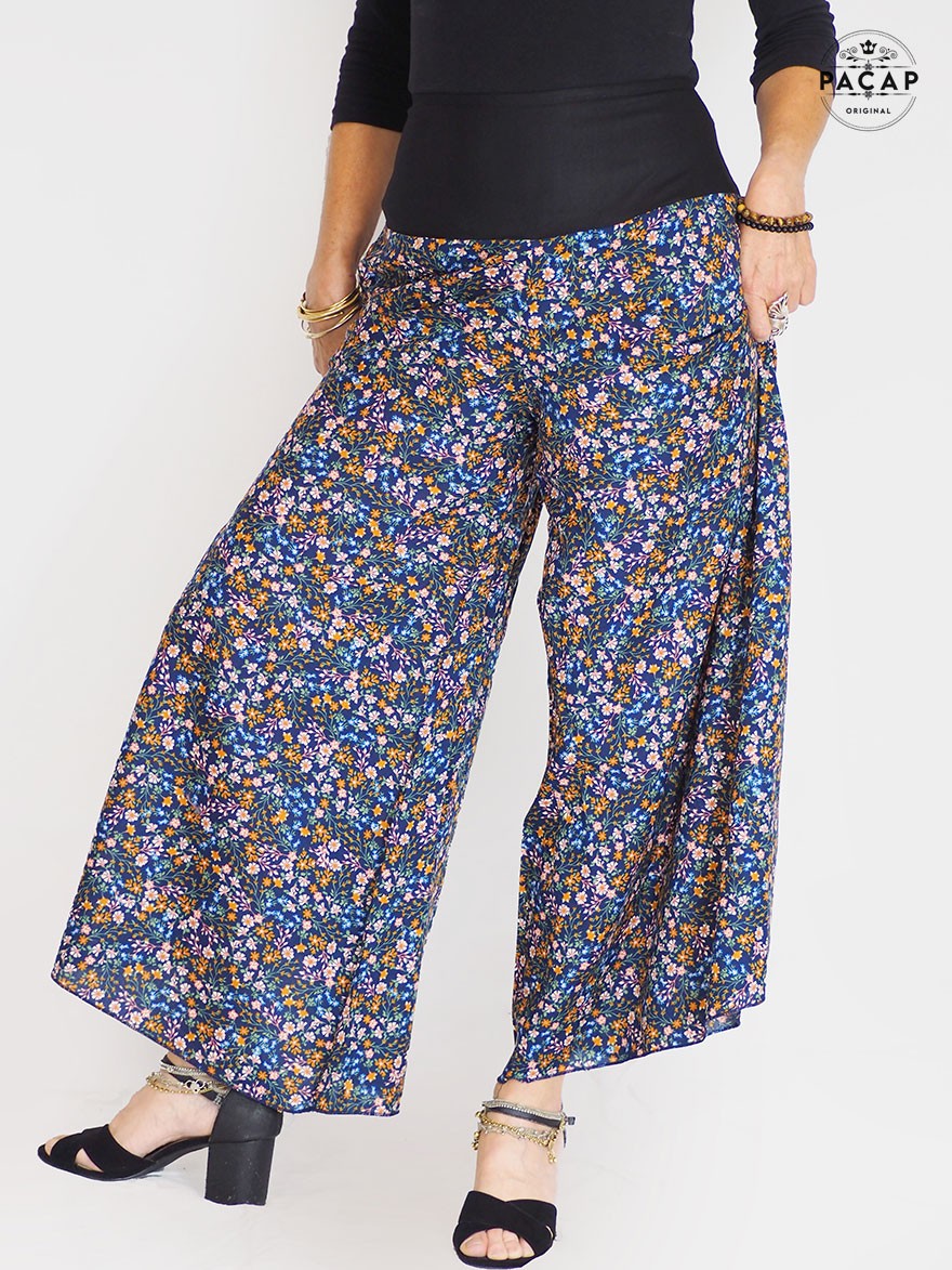 Pantalon Large Bleu Decontracte Femme Viscose Motif Liberty NAIZO