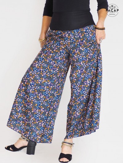 pantalon fleurs, liberty, palazzo bleu, ceinture noire, jupe culotte, pantalon femme large jambe, viscose