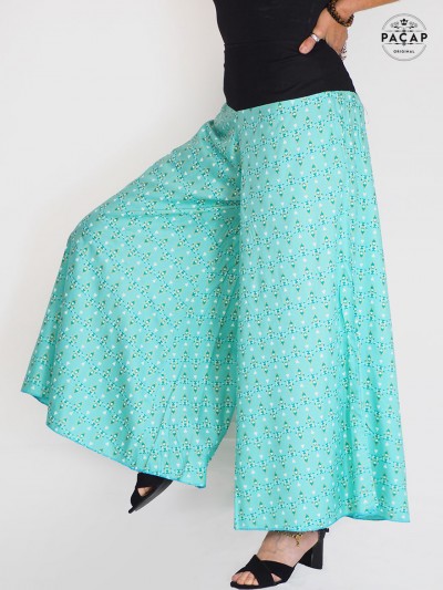 palazzo vert, jupe culotte ethnique, pantalon boheme, ethnique, boho, femme, ajustable taille haute