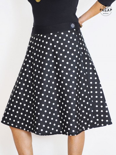 jupe noire a pois, jupe évasée, jupe fendue, jupe femme taille haute, jupe rétro vintage, jupe portefeuille à nouer