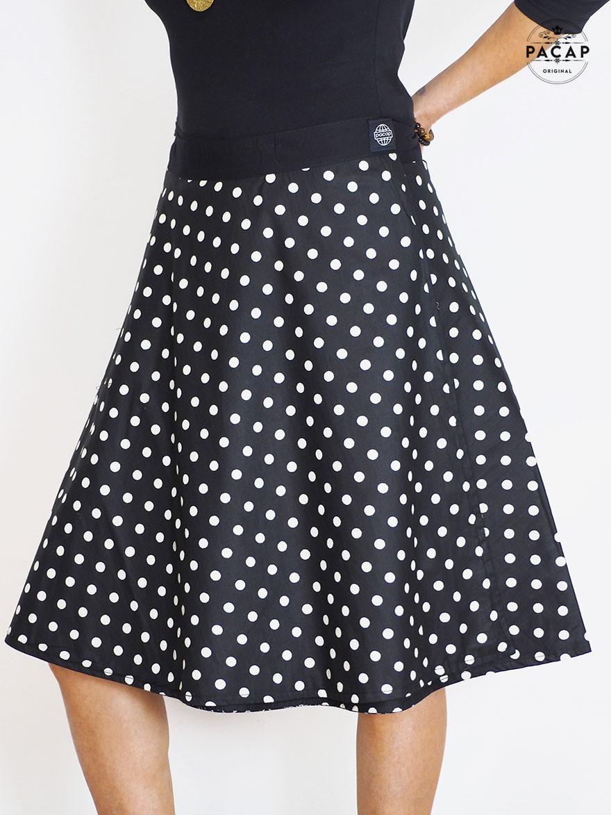 jupe noire a pois, jupe évasée, jupe fendue, jupe femme taille haute, jupe rétro vintage, jupe portefeuille à nouer