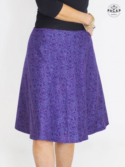 jupe violette à fleurs, jupe femme, jupe été, jupe portefeuille bleue, jupe à nouer, réversible, jupe taille haute