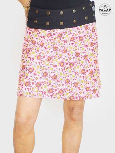 jupe fleurie, jupe portefeuille, jupe a fleurs, jupe rose, jupe femme, jupe boutonnée
