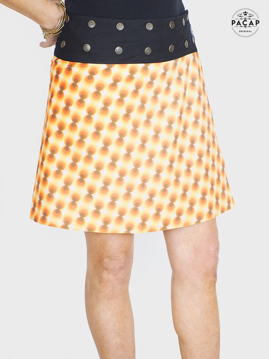 jupe orange, jupe a pois, jupe orange, jupe femme, jupe boutonnée, jupe taille unique