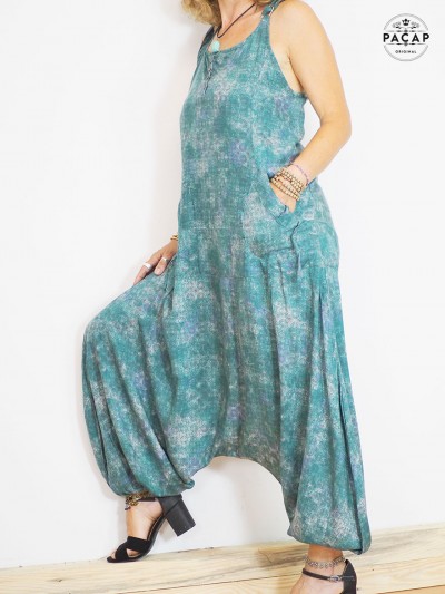 combinaison boheme verte, vetements hippie femme, taille unique motif abstrait, pantalon sarouel avec poche