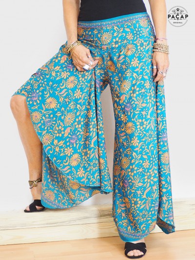 Pantalon palazzo, pantalon ample, pantalon bleu, pantalon à motifs ethniques, pantalon d'été, pantalon femme.