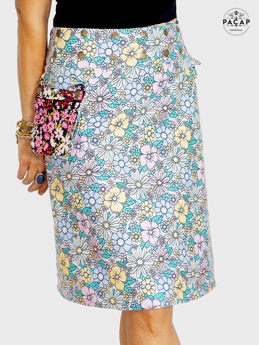 jupe multicolore à fleurs, jupe colorée, jupe boheme, jupe hippie, jupe femme, jupe poche zippée