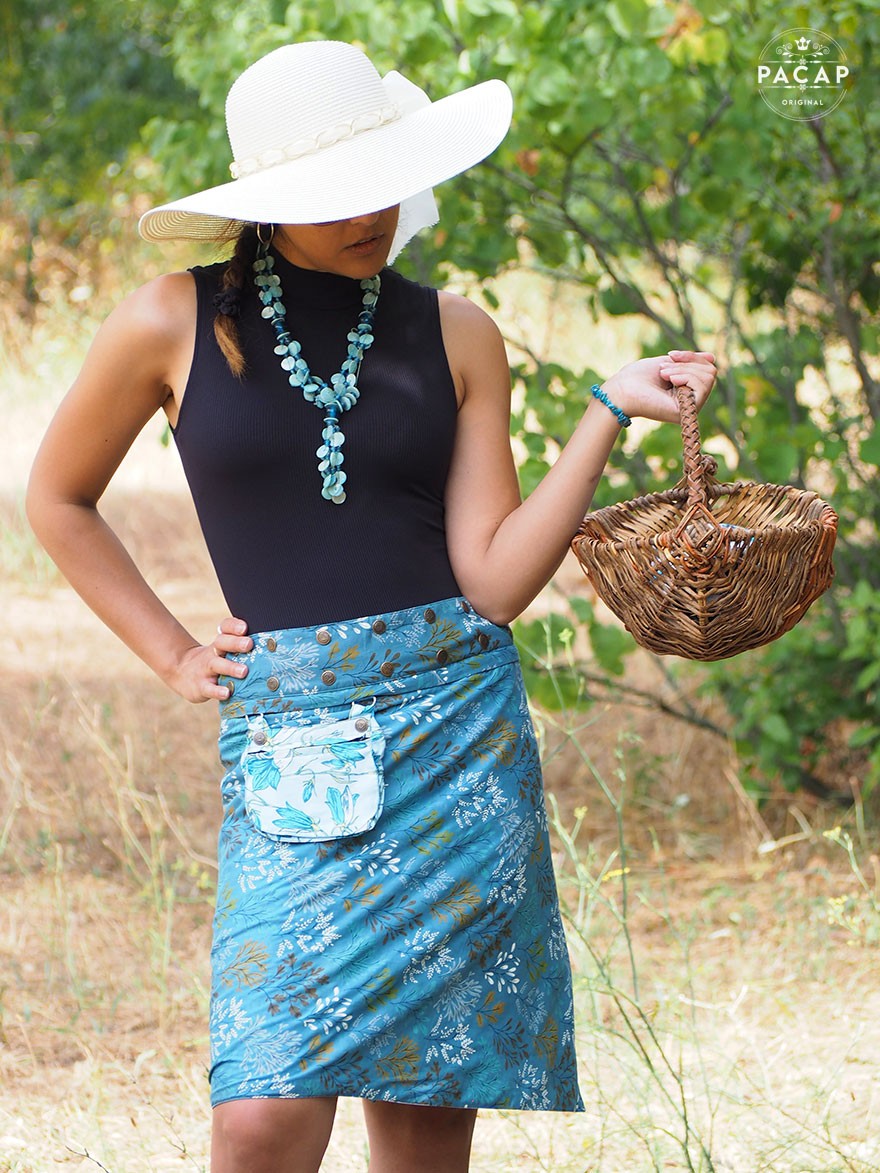 Jupe droite fille en coton bio bleu marine imprimé fleuri - total