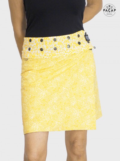 jupe taille haute, jupe wrap réversible, jupe portefeuille, jupe droite, jupe jaune, jupe liberty, jupe a fleurs pour femme