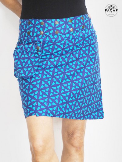 jupe zippée bleue en coton imprimé réversible avec motif géometrique, jupe droite, jupe genoux, jupe taille haute
