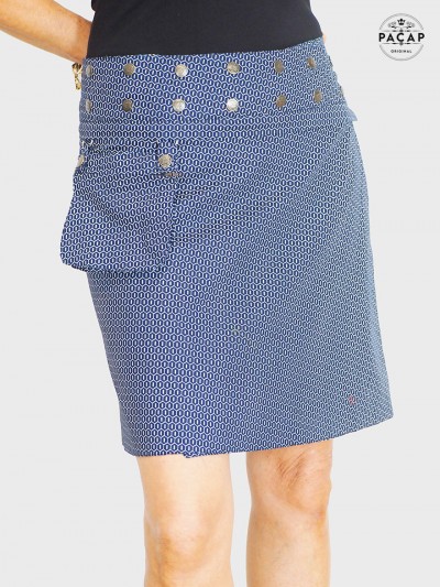 jupe zippée bleu marine, jupe droite, jupe a poche, jupe taille haute, jupe géométrique, jupe genoux, jupe été en coton