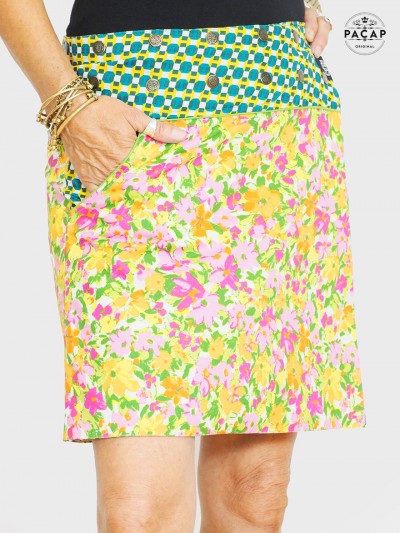 jupe droite colorée avec poche, jupe reversible ceinture passepoile imprimé fleurs, jupe genoux