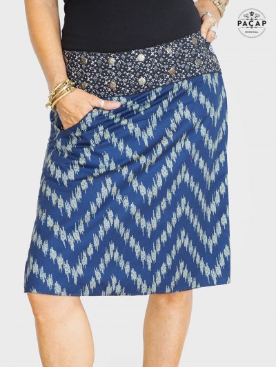 jupe bleue chevron, jupe a poche, jupe genoux, jupe passepoile