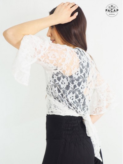 Boléro Dentelle Femme Blanc Pour Oktoberfest – Blouse Dirndl Courte, Manches Courtes, Cordon Réglable