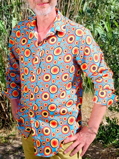 chemise bleue pois orange, chemise décontractée, chemise originale