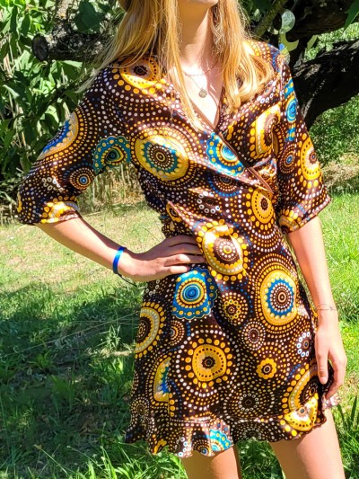 Robe marron, robe mandala à nouer, robe portefeuille à pois, robe cache-coeur, robe femme, robe mandala