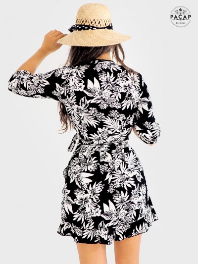 Robe été, robe femme, robe portefeuille, robe noire à fleurs, robe courte, robe à nouer, robe cache cœur